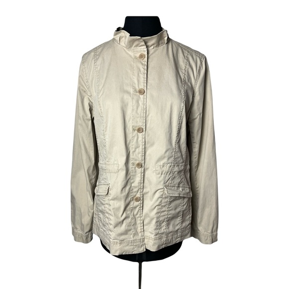 Eileen Fisher | Beige Ruffle Collar Utility Jacket, Large Petite - Picture 3 of 12